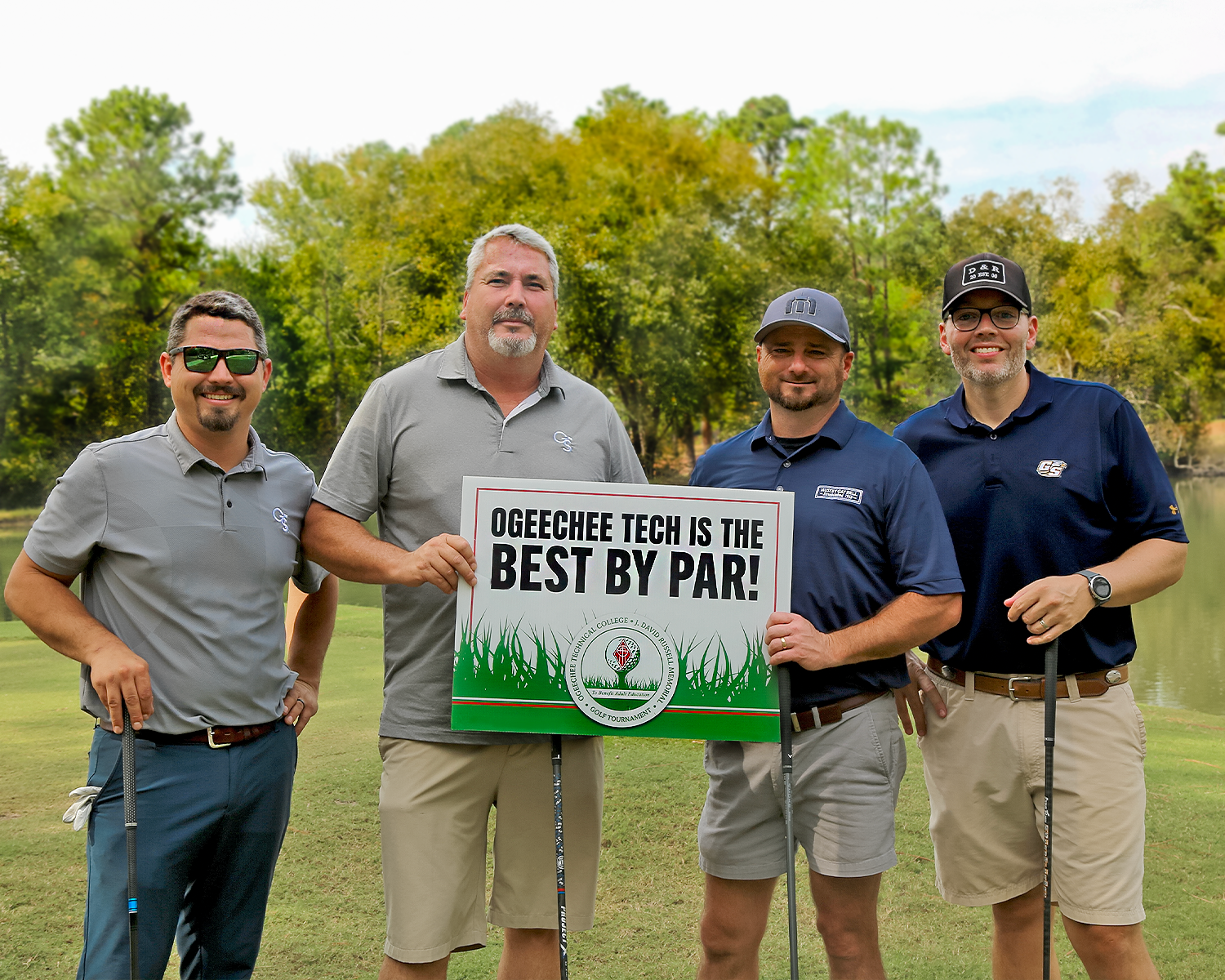 Ogeechee Technnical College & J. David Russell Golf Tournament 2023 first-place net total winners - Brinson, Williams, and Groomes Insurance, and D&R Car Care with golfers Kyle Williams, Nathan Brown, Ray Driggers, and Taylor Driggers. 